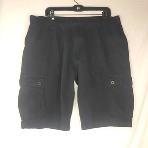 Black Men's Cargo Shorts Size 38 Flat Front 6 Pockets Cotton Part Elastic‎ Band